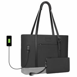 Eono Laptop Tote Borsa 17.3 Pollici con Porta di Ricarica USB, Grande Borsa a Tracolla Borsa per Computer Leggera Idrorepellente, Poliestere Borsa per Lavoro Business Travel, Nero&Grigio