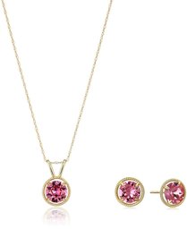 10K Gold Dainty Swarovski Crystal Birthstone Pendant Necklace with Stud Earrings Set, October