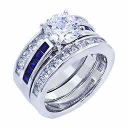 [Amazon Collection] Amazon Collection Rhodium Plated Sterling Silver Clear Cubic Zirconia & Synthetic Spinel Bridal Ring Set, Size 14