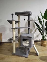 UMI by Amazon Modern Wood Cat Tree Cats Multi Floor Large Play Tower Sisal Scratching Post Kitten Furniture Activity Centre With Condo Playhouse Dangling Toy Grey