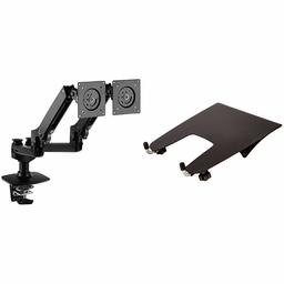 AmazonBasics Premium Dual Monitor Stand - Lift Engine Arm Mount, Aluminum - Black Bundle with AmazonBasics Notebook Laptop Stand Arm Mount Tray