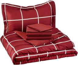 Amazon Basics – Juego de Cama de 5 Piezas en una Bolsa (Color café), Paquete de 1, Burgundy Simple Plaid, Twin/Twin XL, 1