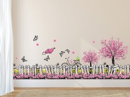 Amazon Brand - Solimo Wall Sticker for Living Room (Pink Floral Picket Fence with Butterflies, Ideal Size on Wall: 105 cm x 42 cm)