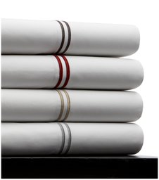 Pinzon 400-Thread-Count 100% Cotton Sateen Hotel Satin Stitch Queen Sheet Set, White with Bordeaux Stripes