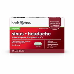 Amazon Basic Care Sinus + Headache, Pain Reliever/Fever Reducer (Acetaminophen), Nasal Decongestant (Phenylephrine Hcl), 24Count