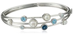 Sterling Silver Cluster Freshwater Cultured Pearl and Blue Topaz Diamond Bangle Bracelet (1/10 cttw, I-J Color, I2-I3 Clarity)