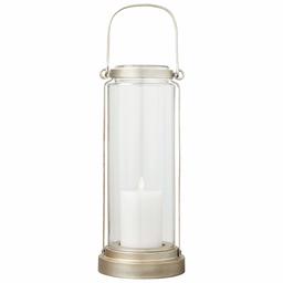 Amazon Brand – Stone & Beam Modern Casual Decorative Metal and Glass Lantern with LED Candle - 6 x 6 x 14 Inches, Silver, For Indoor Outdoor Use