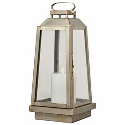 Amazon Brand – Stone & Beam Modern Traditional Decorative Metal and Glass Table Lantern with LED Candle Light - 6 x 6 x 14 Inches, Champagne Silver, For Indoor Outdoor Use