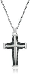 men's stainless steel cubic zirconia cross with carbon fiber and box chain pendant necklace, 24