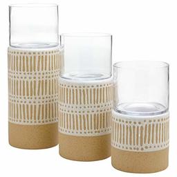 Amazon Brand – Stone & Beam Emerick Rustic Cylinder Hurricane Decor with Glass Vase Holder - Set of 3, Brown and White