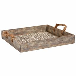 Stone & Beam Rustic Farmhouse Wood Serving Tray with Patterned Rattan and Rope Handles - 15.75 x 15.75 Inches, Brown and White (Renewed)