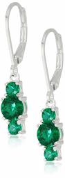 Sterling Silver Created Emerald 5mm and 3mm Three Stone May Birthstone Leverback Dangle Earrings