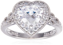 Platinum-Plated Sterling Silver Swarovski Zirconia Heart Antique Ring, Size 6