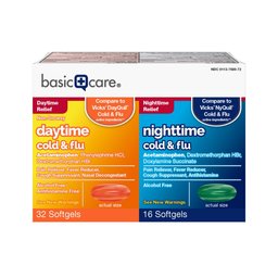 Amazon Basic Care Cold & Flu Relief Multi-Symptom Daytime/Nighttime Combo Pack Softgels; Cold Medicine, 48 Count