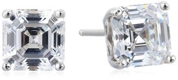 Platinum Plated Sterling Silver Stud Earrings set with Asscher Cut Swarovski Zirconia (4 cttw)