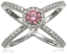 Platinum-Plated Sterling Silver Made with Swarovski Zirconia Fancy Pink and Clear Criss Cross Single