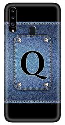 Amazon Brand - Solimo Designer Button Jeans Alphabet-Q 3D Printed Hard Back Case Mobile Cover for Samsung Galaxy A20s