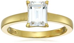 Amazon CollectionPlatinum Plated Sterling Silver Swarovski Zirconia Emerald Cut Solitaire Ring, Yellow gold,Size 6