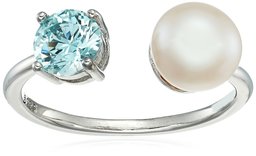 Platinum-Plated Sterling Silver Freshwater Pearl Open with Frosty Mint Swarovski Zirconia Accents Ring, Size 8