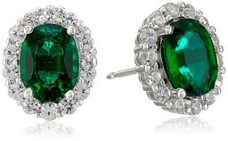 Rhodium Plated Sterling Silver Created Emerald 8x6mm and Created White Sapphire Oval Halo Earrings