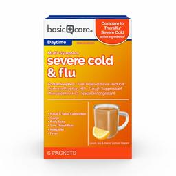 Basic Care Severe Cold & Flu Relief, Green Tea & Honey Lemon Flavors; Relieves Cough, Sore Throat Pain, Body Ache, Headache and Fever, 6 Count