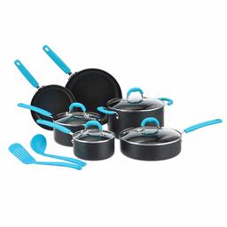 AmazonBasics Hard Anodized Non-Stick 12-Piece Cookware Set, Turquoise - Pots, Pans and Utensils