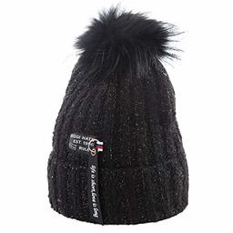 Jeff & Aimy Womens Detchable Raccoon Fur Pom Beanie Ribbed Knit Skull Cap Cold Weather Winter Hat Ladies Ski Snow Black