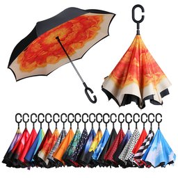 [Amazon Brand] Eono Double Layer Inverted Umbrella Reverse Folding Umbrella Self Standing Windproof UV Protection Travel Umbrella Car Rain and Outdoor C-Shape Handle Orange Flower