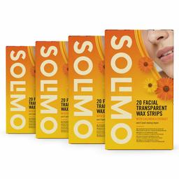 Marchio Amazon - Solimo - Strisce depilatorie trasparenti viso con estratto di calendula con 4 salviette post depilazione, Confezione da 4x20 strisce