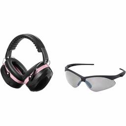 AmazonBasics Safety Ear Muffs Ear Protection, Black and Pink, and Safety Glasses, Smoke Lens