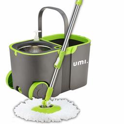 Amazon Brand: Umi.Essentials Stainless Steel Self-Wringing Microfibre Spin Mop and Bucket Floor Cleaning System(Green)