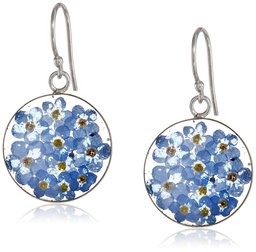 Sterling Silver Blue Pressed Flower Circle Drop Earrings