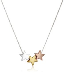 Tri Colored Sterling Silver with Yellow and Rose Gold Flashed Three Star Pendant Necklace, 18