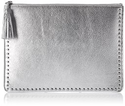 The Fix Cora Studded Leather Flat Clutch with Tasseled Zipper, Silver/Metallic