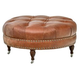 Amazon Brand – Stone & Beam Janelle Button Tufted Round Leather Wheeled Ottoman, 37