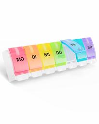 Eono by Amazon, 7-Day Pill Box, Pill Box with 7 Compartments, Medication Box, Easy to Open, Rainbow Colours, German