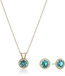 10K Gold Dainty Swarovski Crystal Birthstone Pendant Necklace with Stud Earrings Set, December