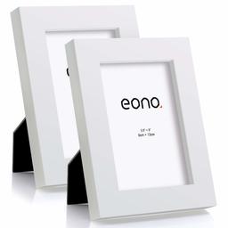 Eono by Amazon - Lot de 2 Cadres en Bois Massif pour Photos de 9x13 cm avec Verre Haute définition et Support arrière à Poser sur Un Meuble ou à accrocher au Mur Blanc