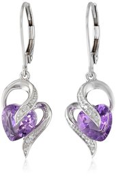 10k White Gold Amethyst and Diamond Accent Heart Drop Earrings