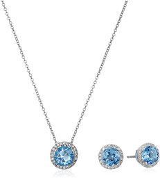 Sterling Silver Swiss Blue Topaz with Created White Sapphire Halo Earrings and Pendant Necklace Set, 18