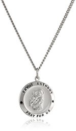 Sterling Silver Round Saint Anthony Pendant Necklace with Rhodium Plated Stainless Steel Chain, 20