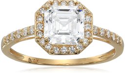 Women's 10K Gold Swarovski Zirconia Clear Asscher Cut Halo Ring size 8