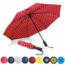 Eono by Amazon - Ombrello Portatile Automatico Antivento, Ombrello Pieghevole Compatto, Folding Umbrella, con Stecche Rinforzate in Teflon, Impugnatura Ergonomica, Rosso/Punto Bianco