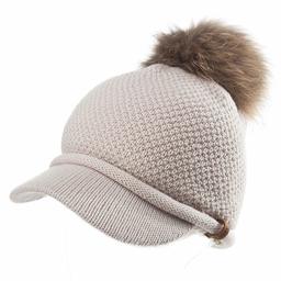 Jeff & Aimy Wool Knitted Visor Beanie with Brim Raccoon Fur Pom Cold Weather Winter Hat for Women Newsboy Cap Beige