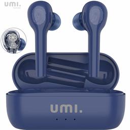 Umi. Essentials - Auriculares de botão sem fio (TWS) W8 com Bluetooth 5.0 e certificação IPX7 compatíveis com iPhone Samsung Huawei e estojo metálico com base de carregamento Fechados azul