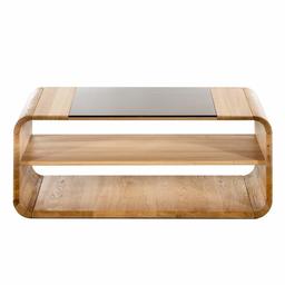 Amazon Brand - Alkove Hayes Rounded Edge Solid Wood Coffee Table with Wheels, 110 x 60 x 44cm, Glass Top/Wild Oak