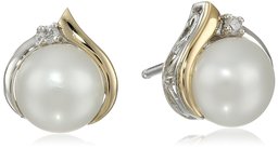 Sterling Silver and 14k Yellow Gold Diamond Accent Freshwater Cultured Pearl Stud Earrings (7mm)