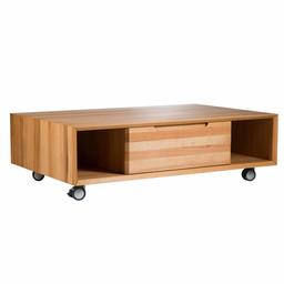 Amazon Brand - Alkove Hayes Rectangular Solid Wood Coffee Table on Wheels with Storage/1-Drawer, 110 x 70 x 33cm, Core Beech