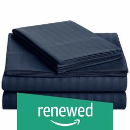 (Renewed) AmazonBasics Deluxe Microfiber Striped BedSheet Set (Includes 1 bedsheet, 1 Fitted Sheet with Elastic, 2 Pillow Covers), Navy Blue, King