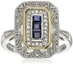 Sterling Silver and 14k Yellow Gold Blue Sapphire and Diamond Accent Art Deco-Style Ring (1/10 cttw, I-J Color, I3 Clarity)